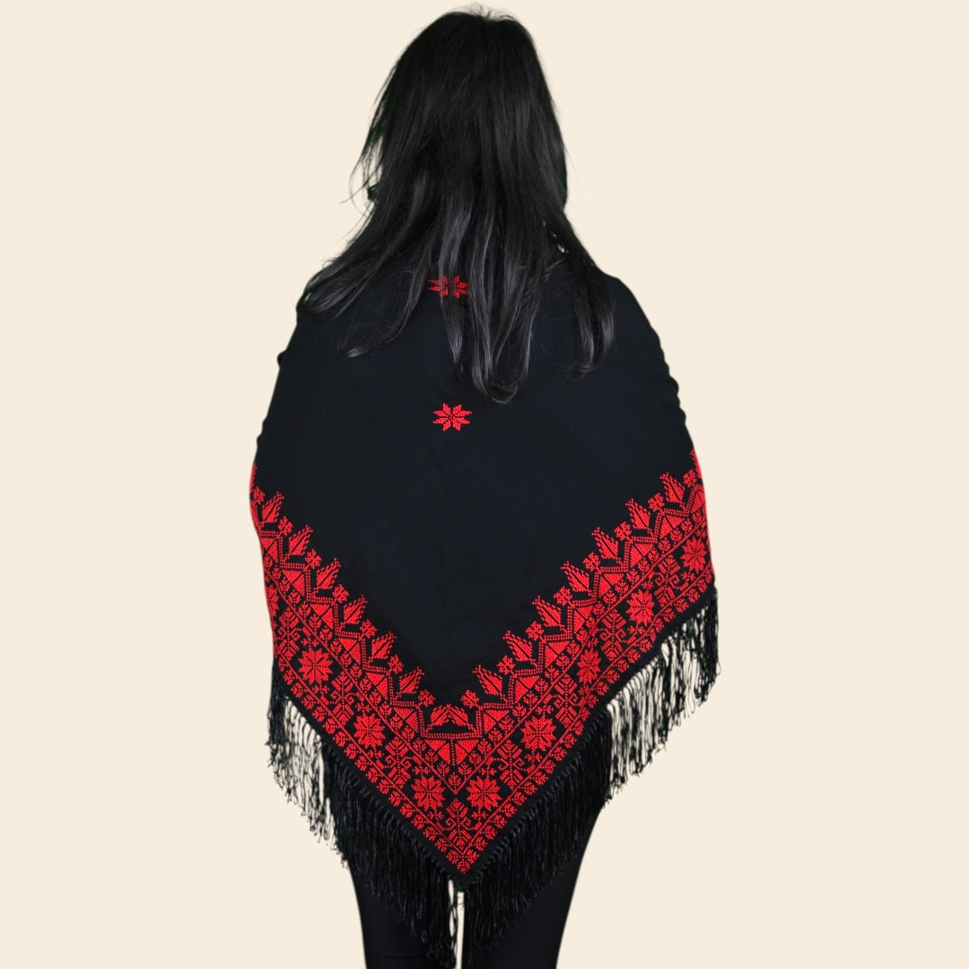 Razan Palestinian Hand-Stitched Shawl – Black & Ruby Red