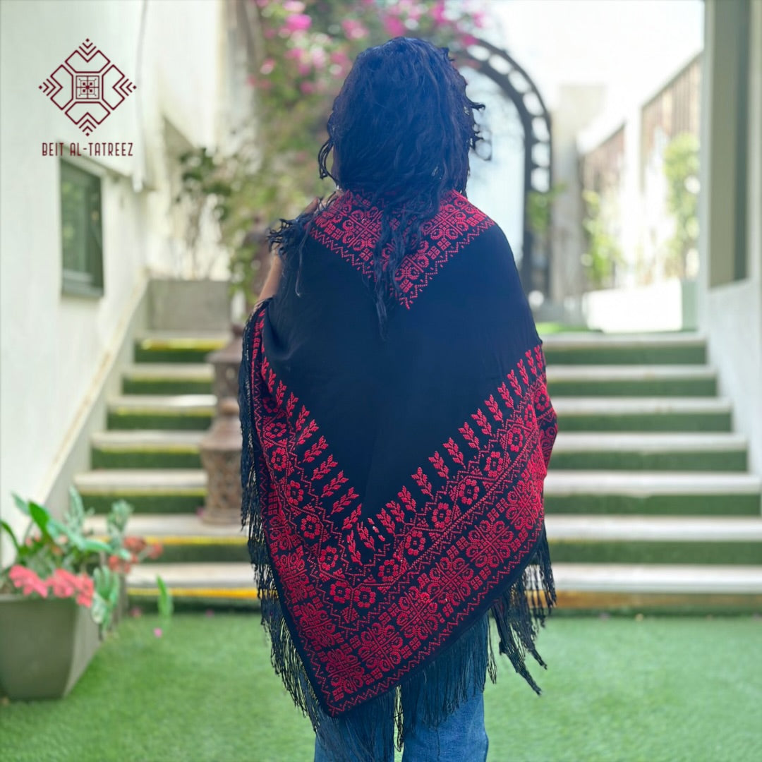 Juthoor Palestinian Hand-Stitched Shawl – Red & Black