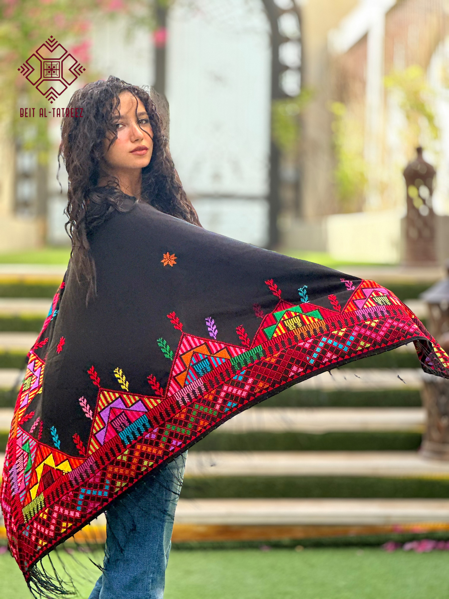 Farah Palestinian Hand-Stitched Shawl – Multicolor & Black