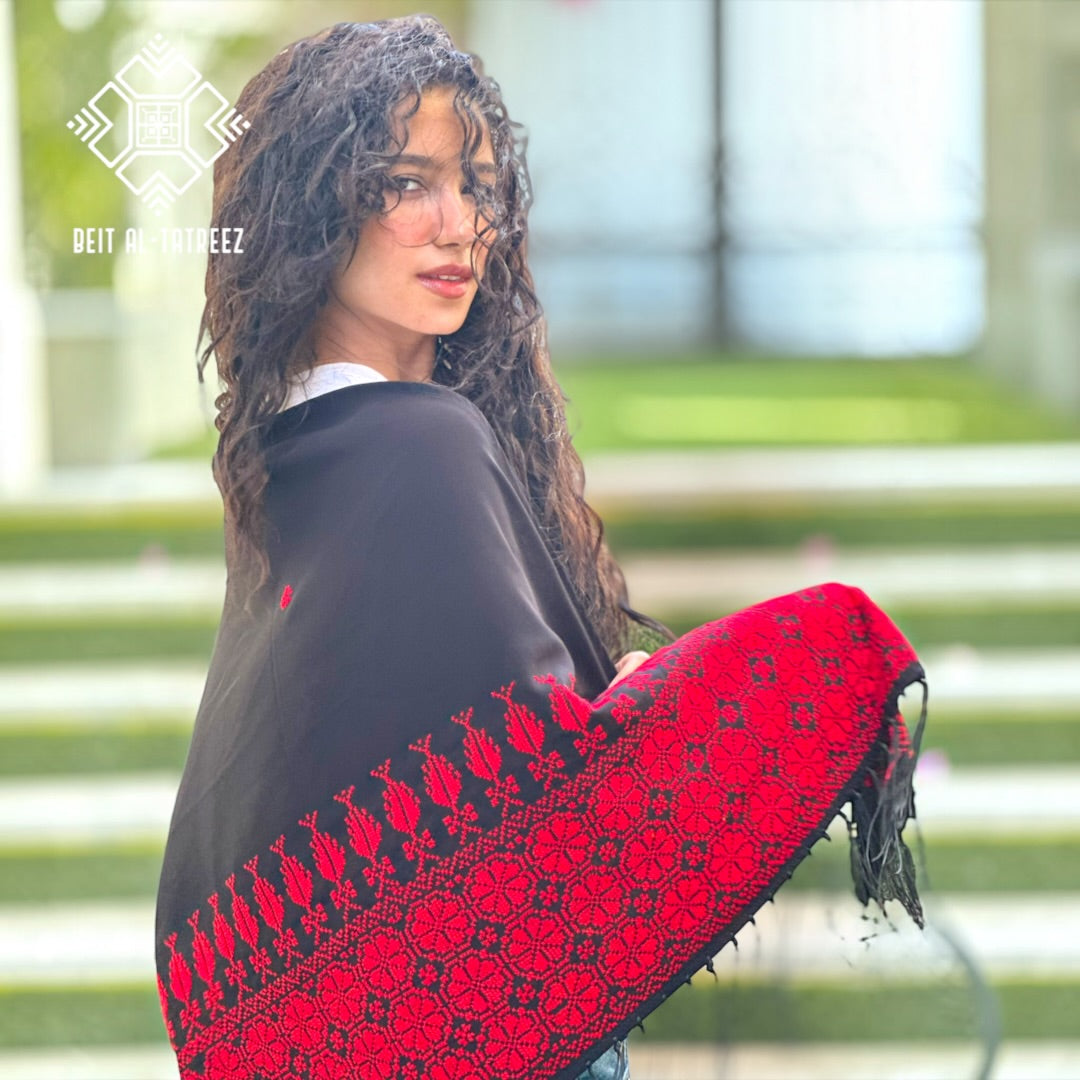 Jouri Palestinian Tatreez Shawl – Black & Crimson