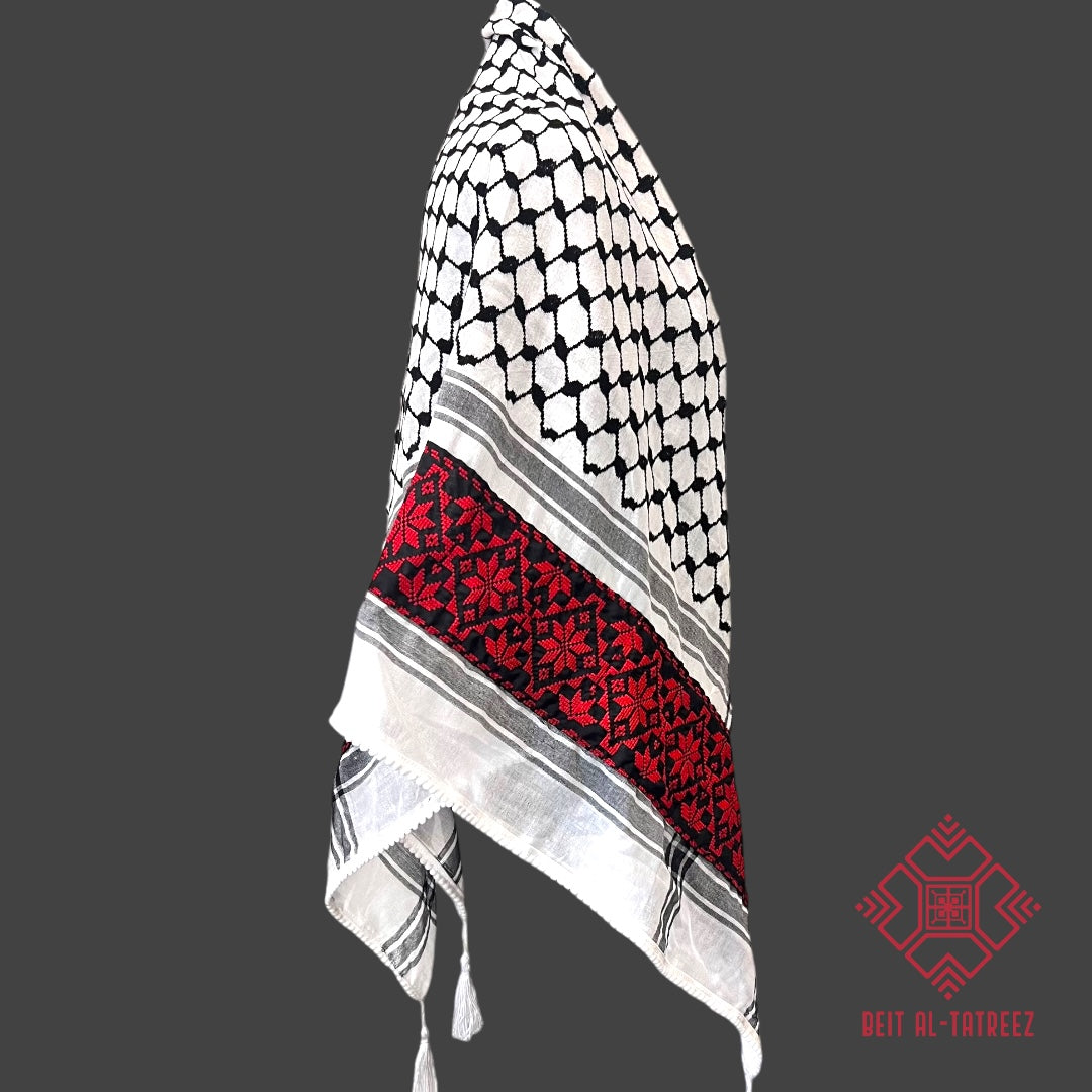 Tatreez Palestinian Keffiyeh - Embroidered Red Flower