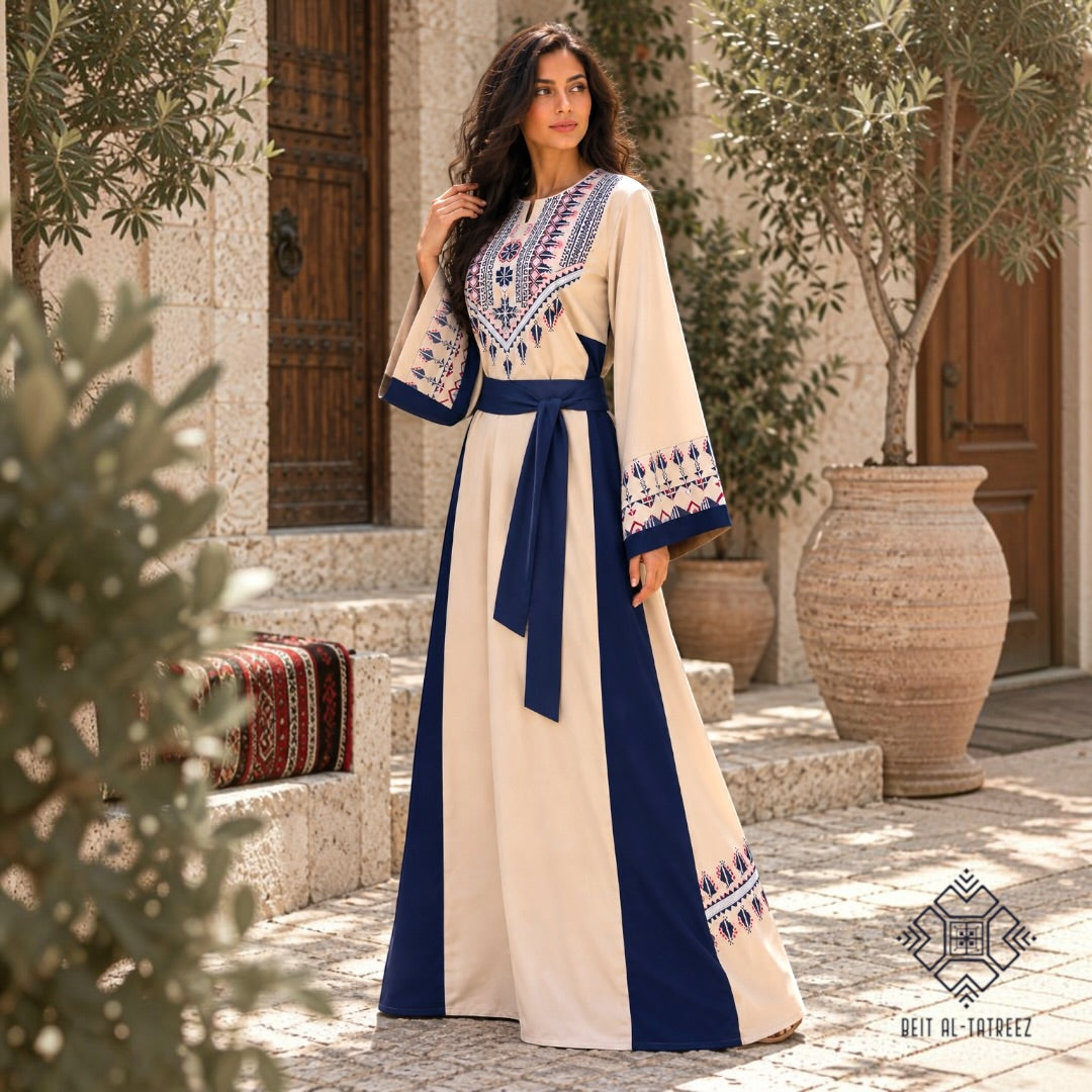 Layal Palestinian Heritage Dress – Cream & Navy