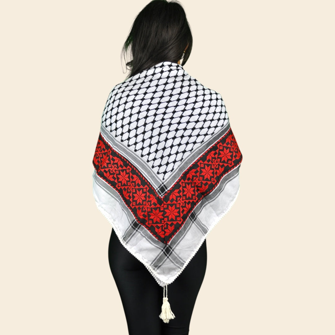 Tatreez Palestinian Keffiyeh - Embroidered Red Flower