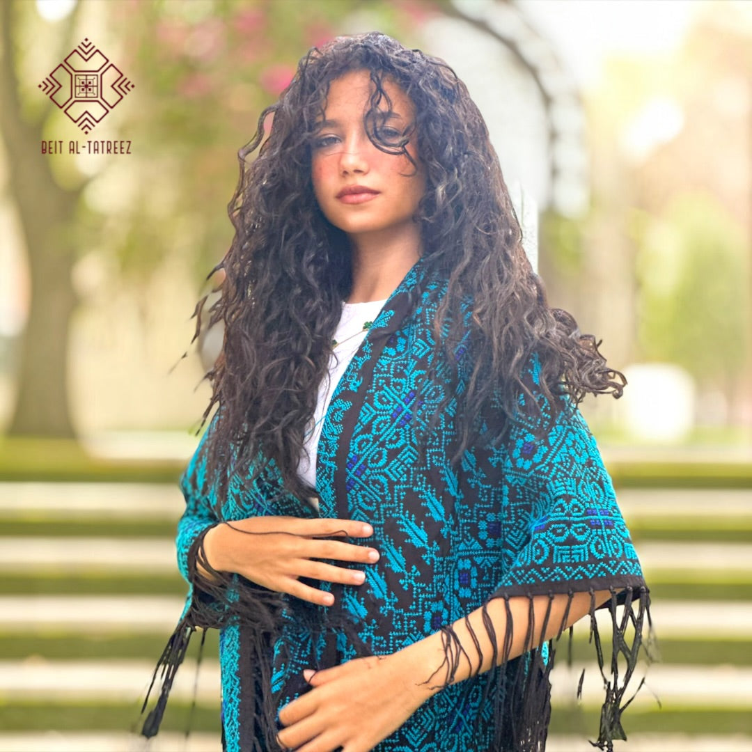 Sama Palestinian Hand-Stitched Shawl – Turquoise & Black