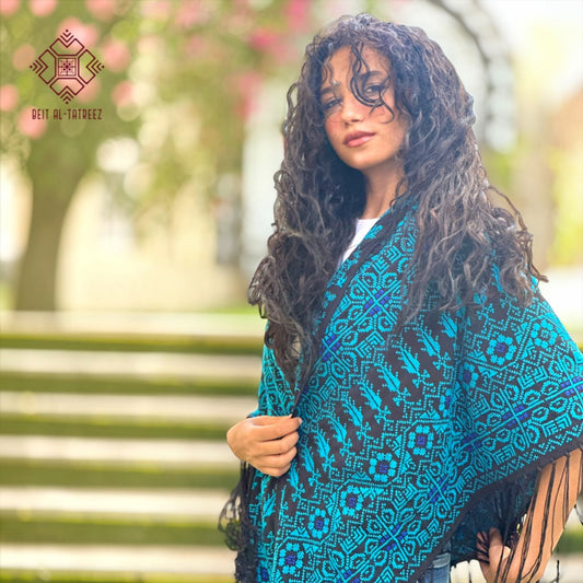 Sama Palestinian Hand-Stitched Shawl – Turquoise & Black