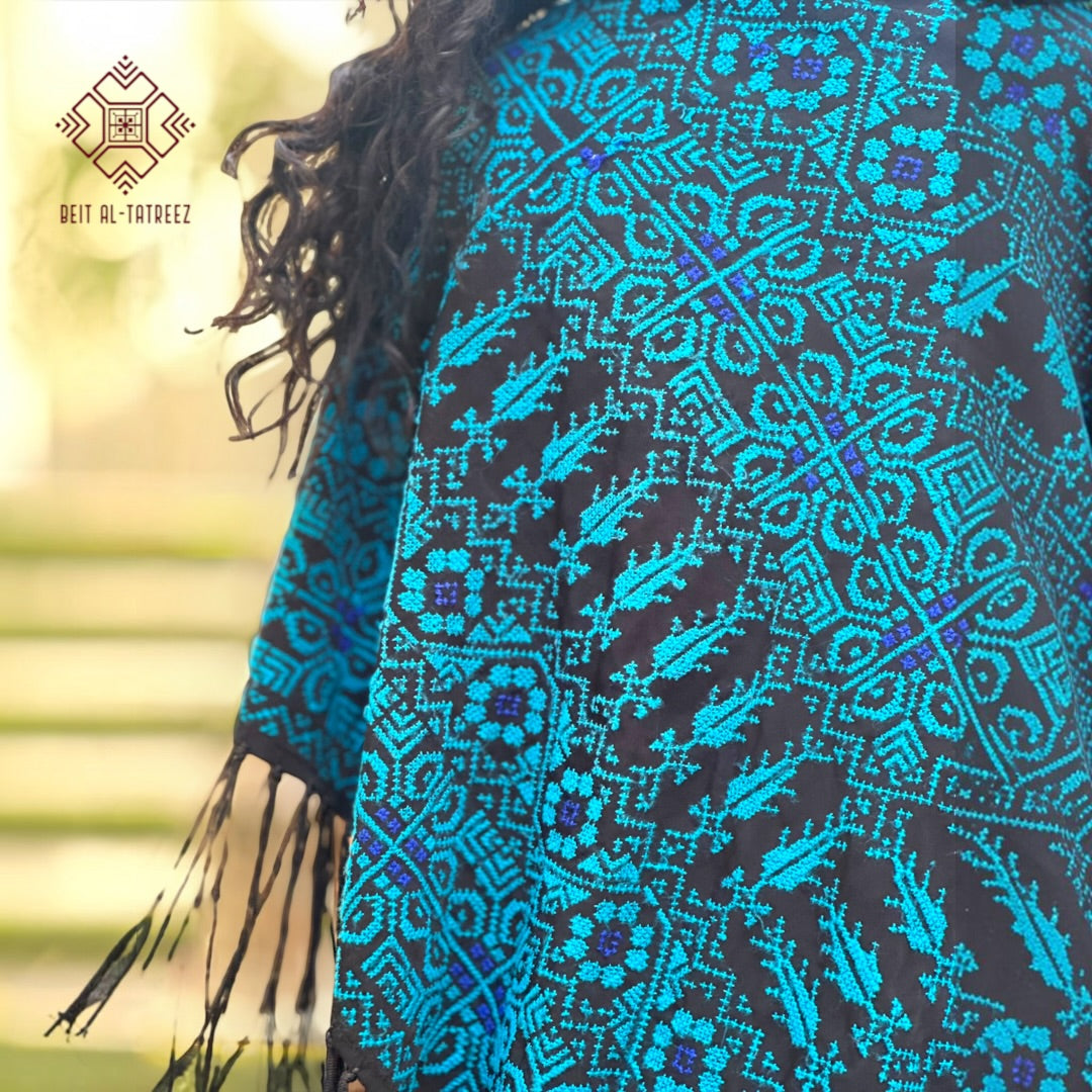 Sama Palestinian Hand-Stitched Shawl – Turquoise & Black