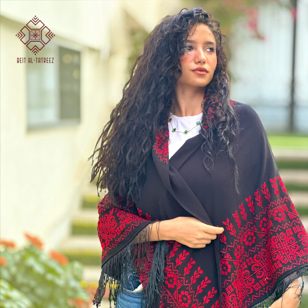 Juthoor Palestinian Hand-Stitched Shawl – Red & Black