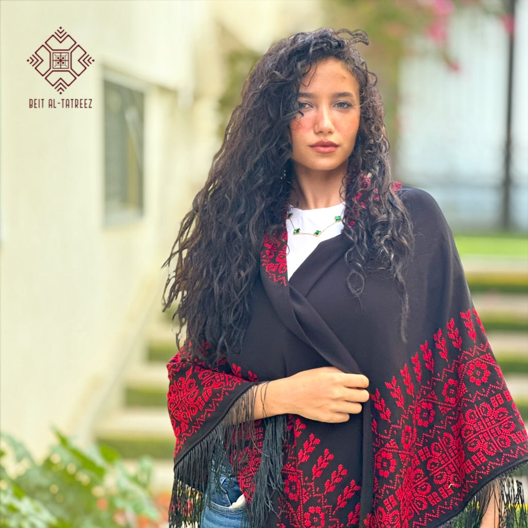 Juthoor Palestinian Hand-Stitched Shawl – Red & Black