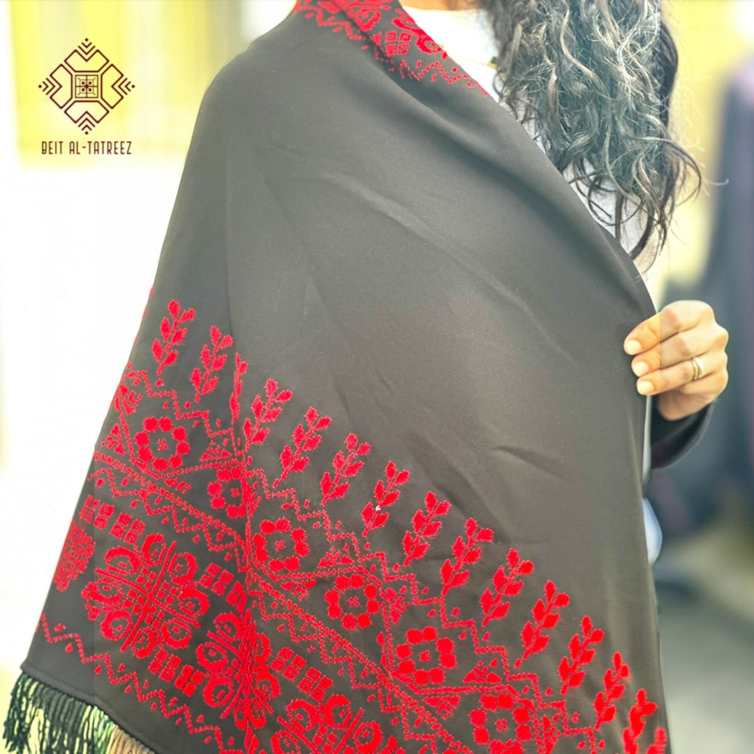Juthoor Palestinian Hand-Stitched Shawl – Red & Black