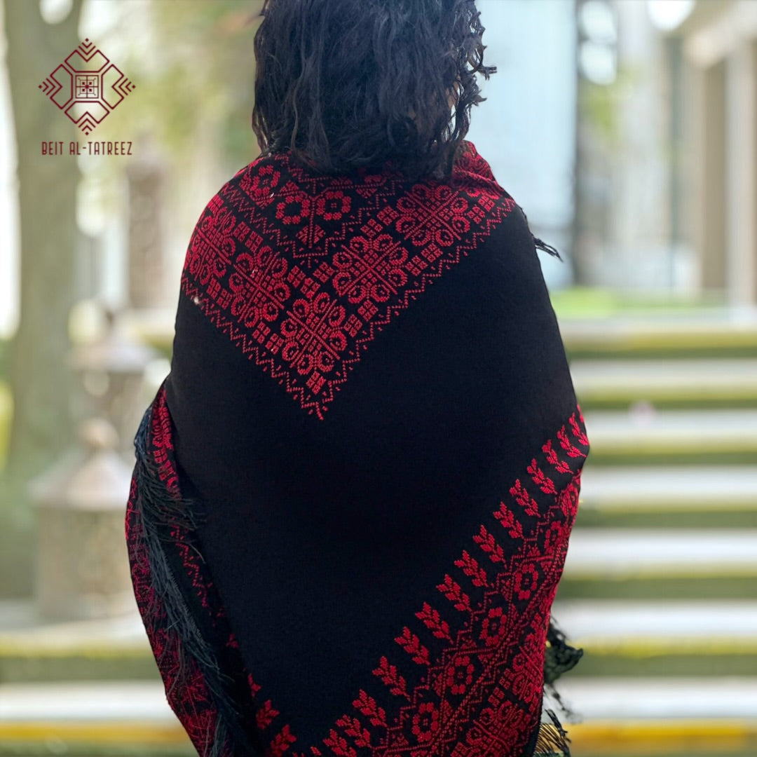 Juthoor Palestinian Hand-Stitched Shawl – Red & Black