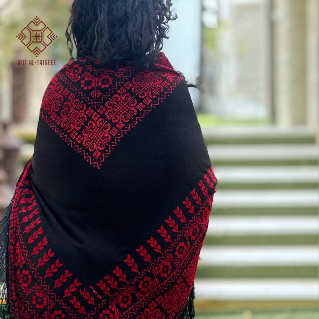 Juthoor Palestinian Hand-Stitched Shawl – Red & Black