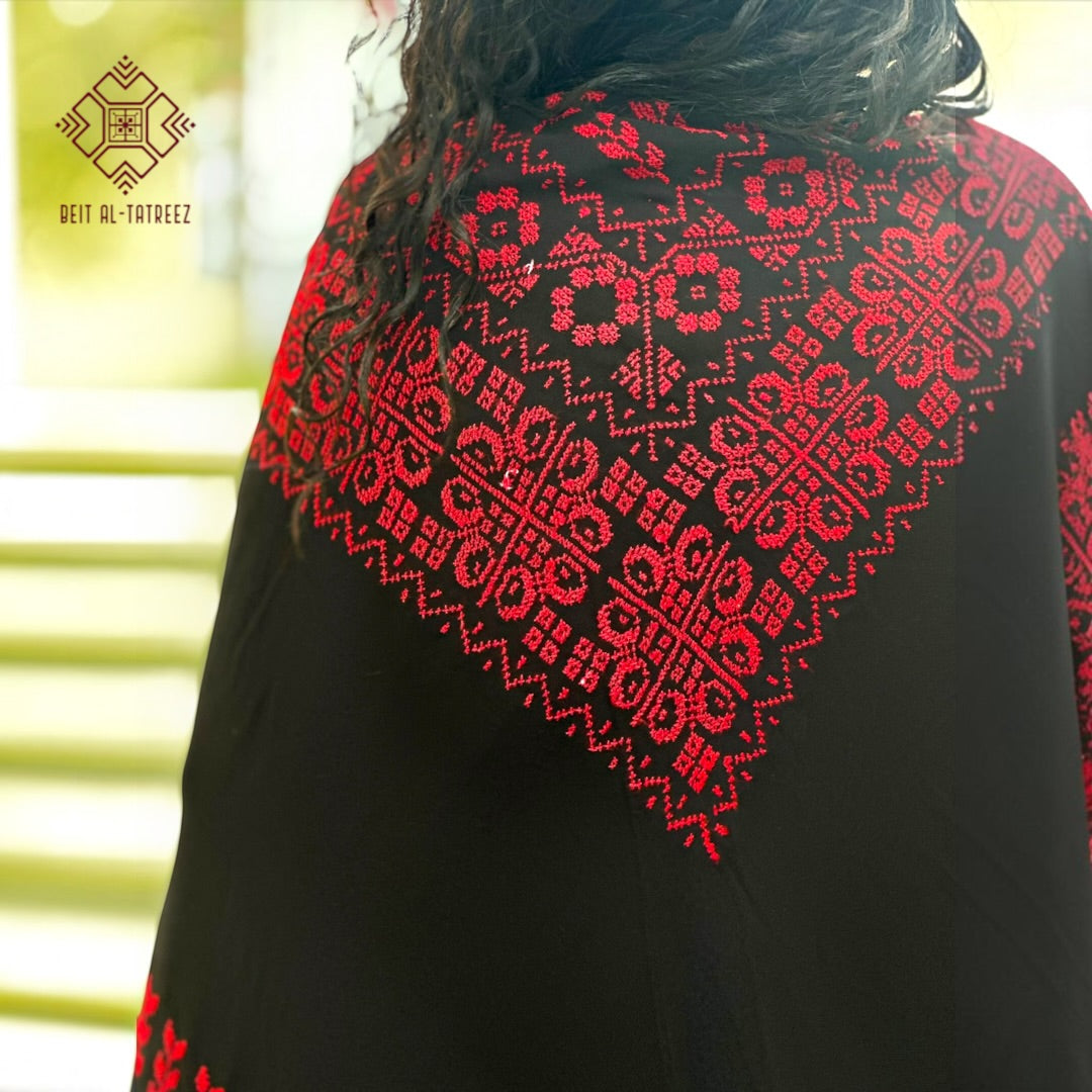 Juthoor Palestinian Hand-Stitched Shawl – Red & Black