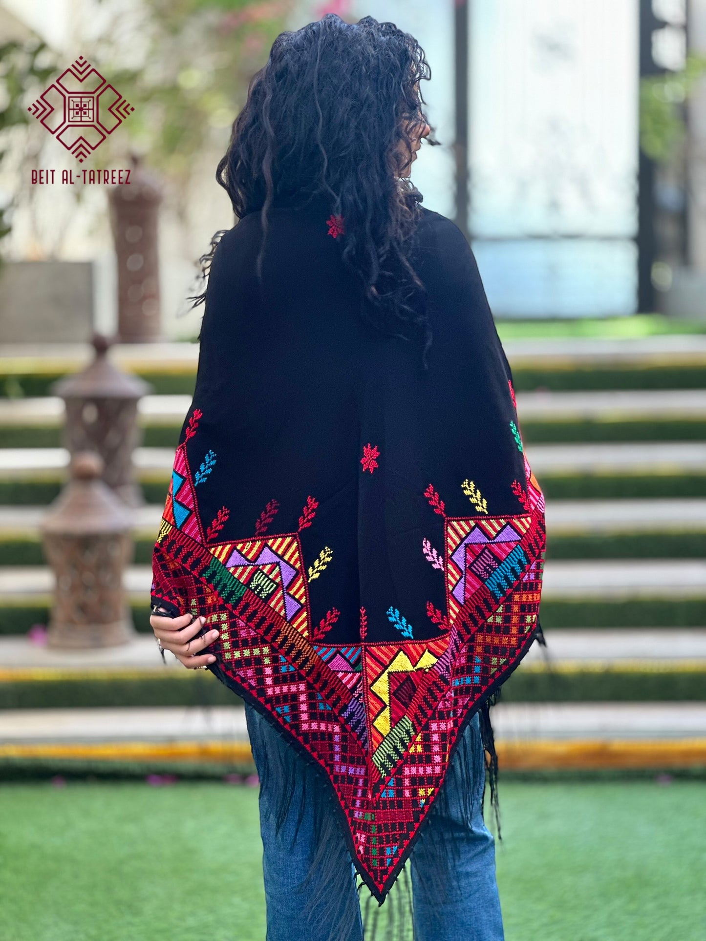 Farah Palestinian Hand-Stitched Shawl – Multicolor & Black