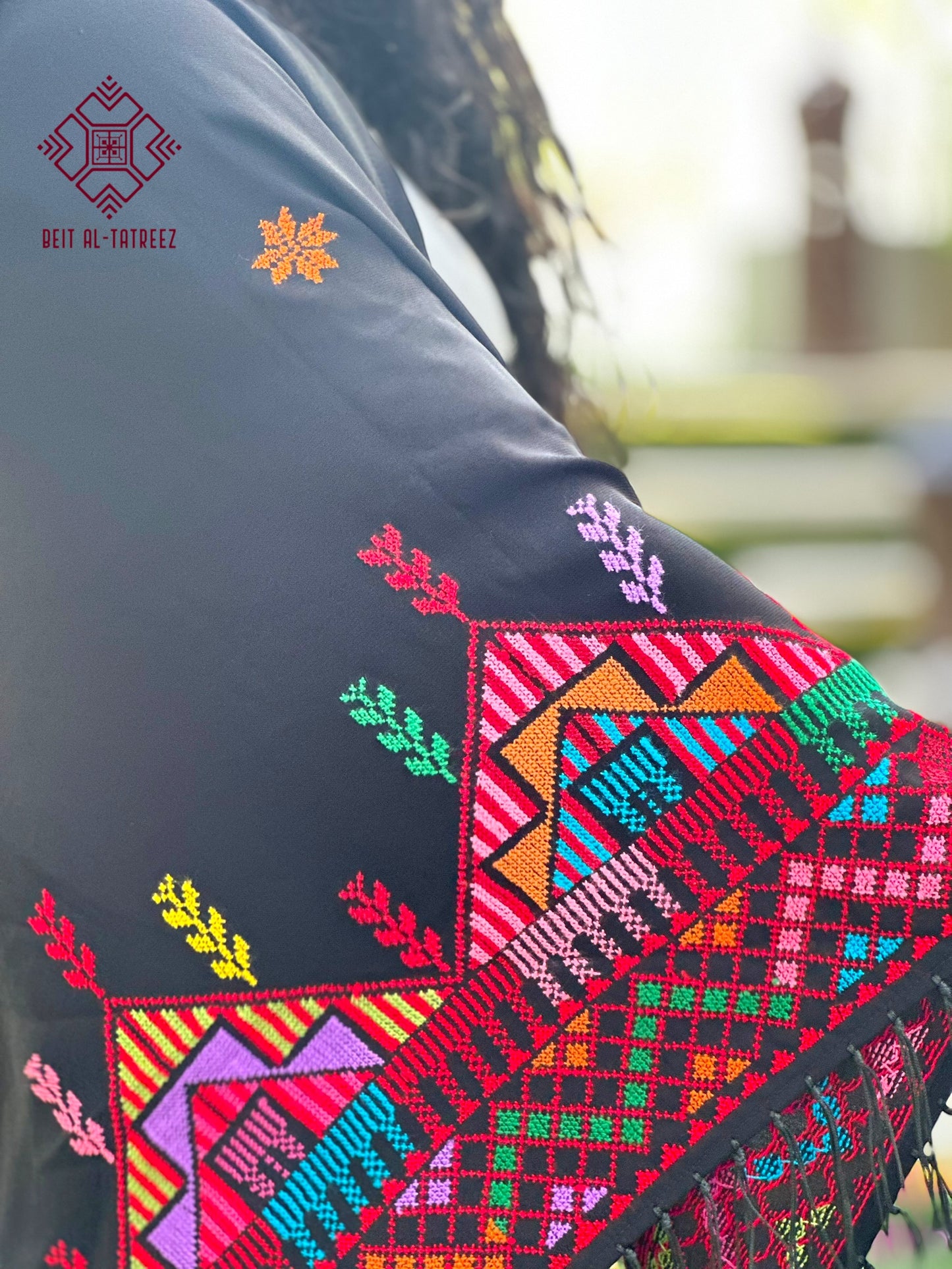 Farah Palestinian Hand-Stitched Shawl – Multicolor & Black