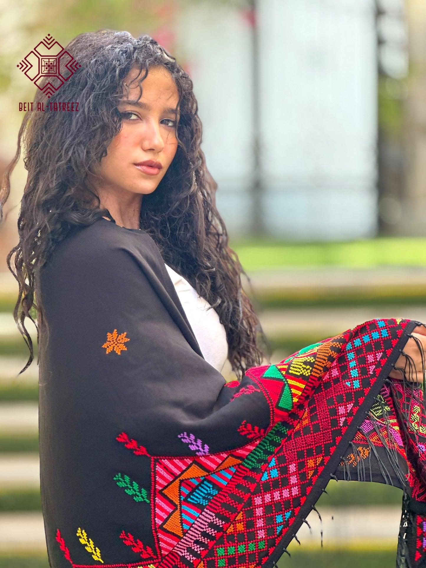 Farah Palestinian Hand-Stitched Shawl – Multicolor & Black