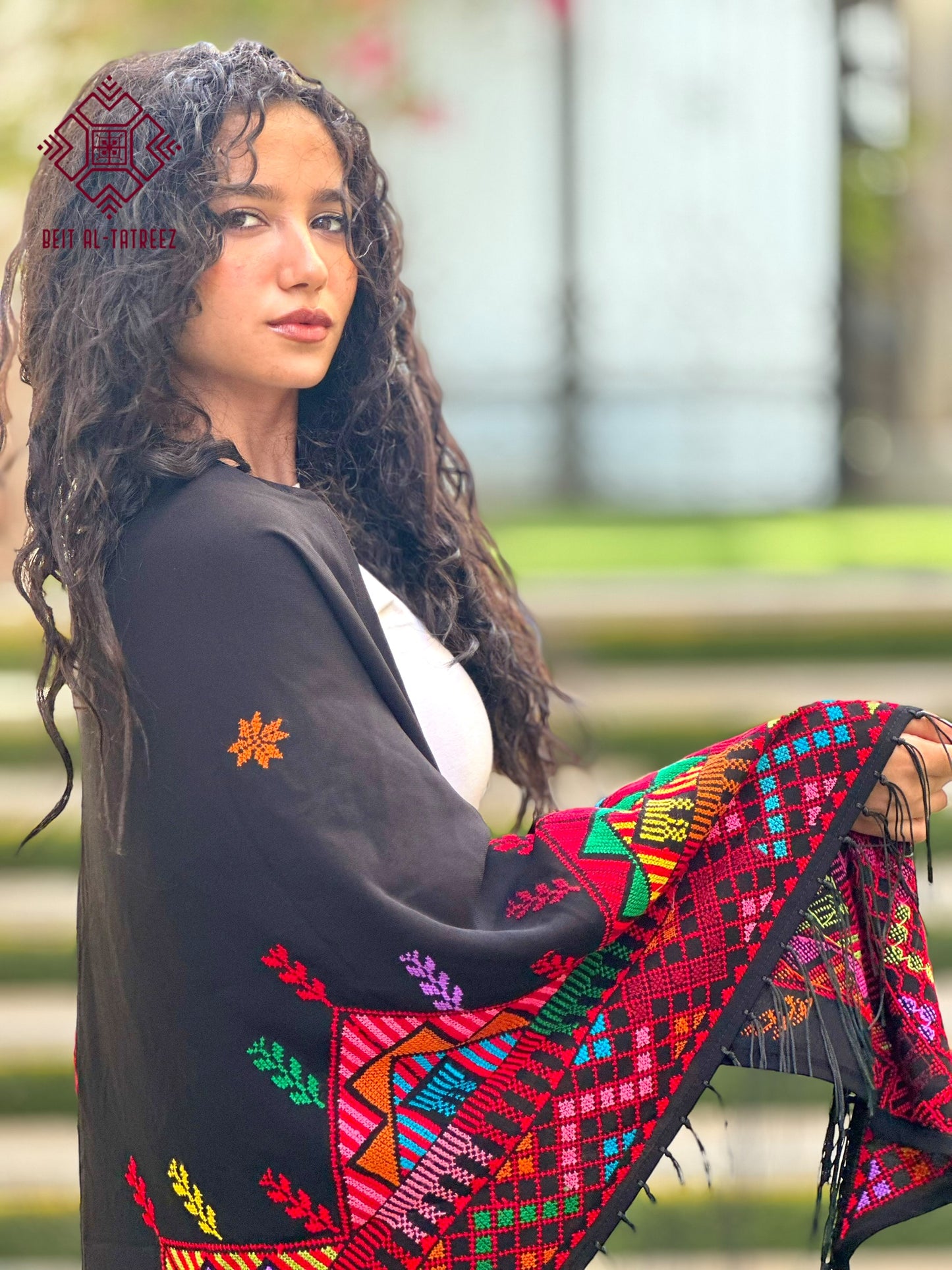 Farah Palestinian Hand-Stitched Shawl – Multicolor & Black
