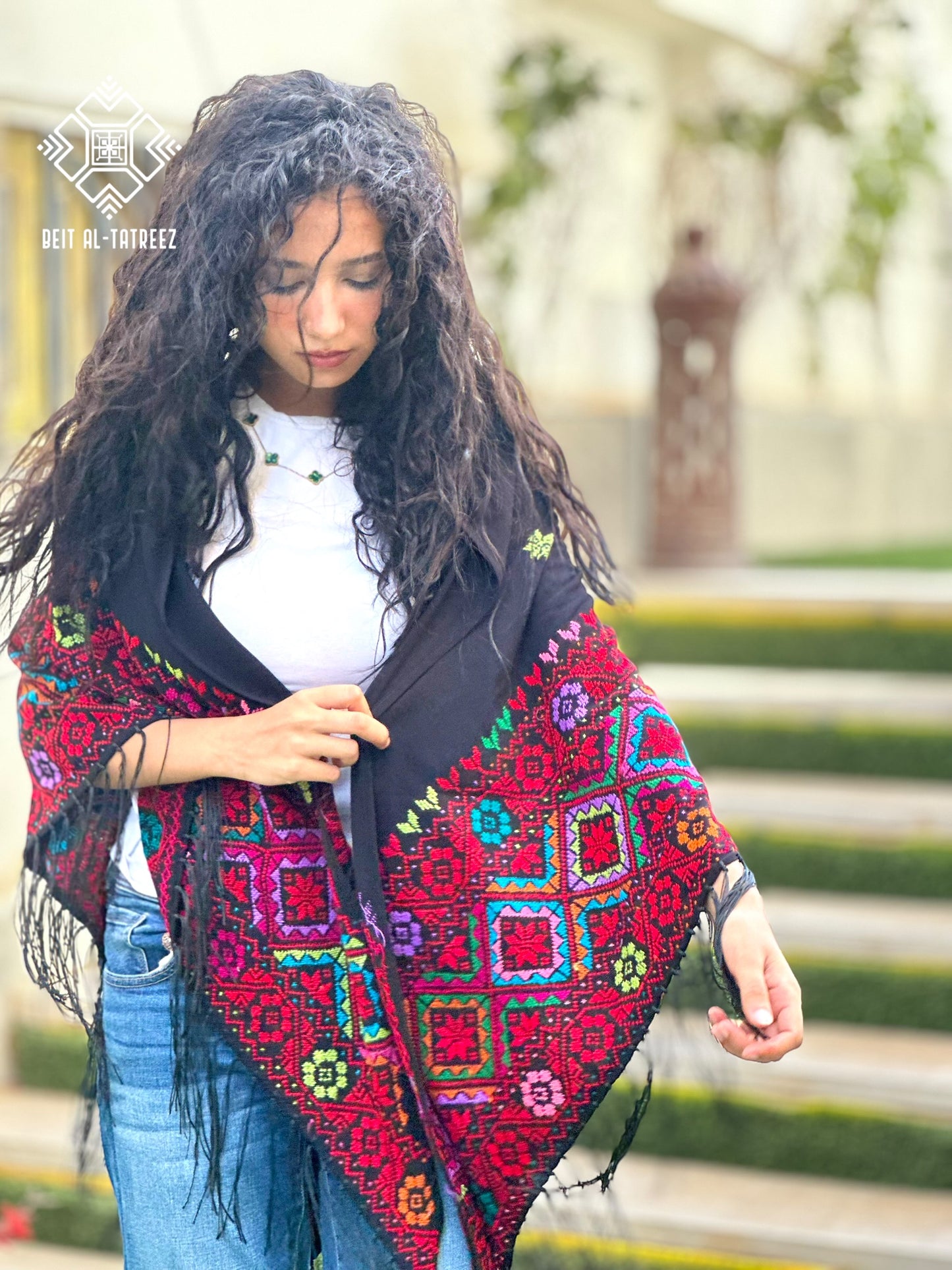 Layali Palestinian Hand-Stitched Shawl – Black & Multicolor