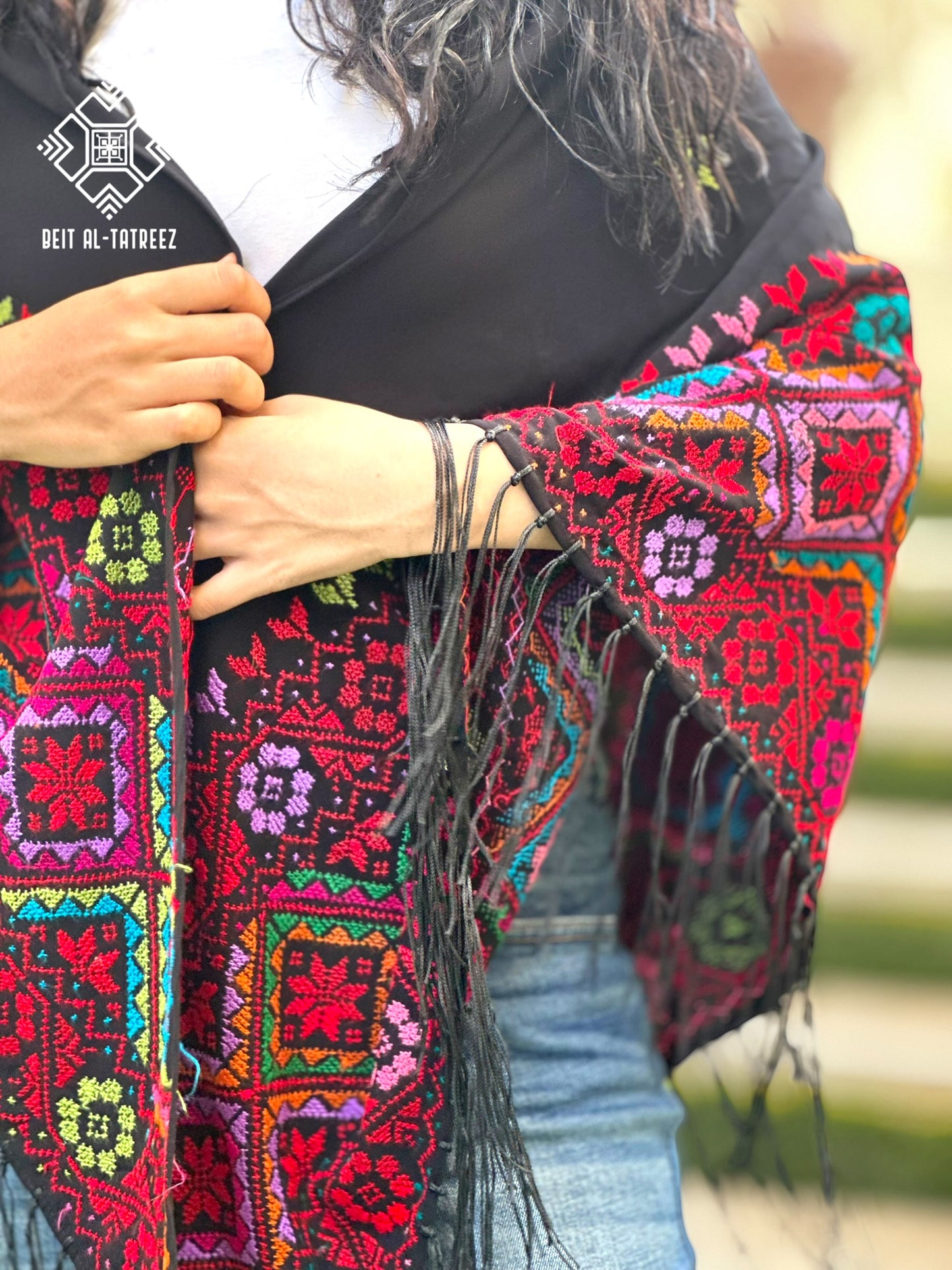Layali Palestinian Hand-Stitched Shawl – Black & Multicolor