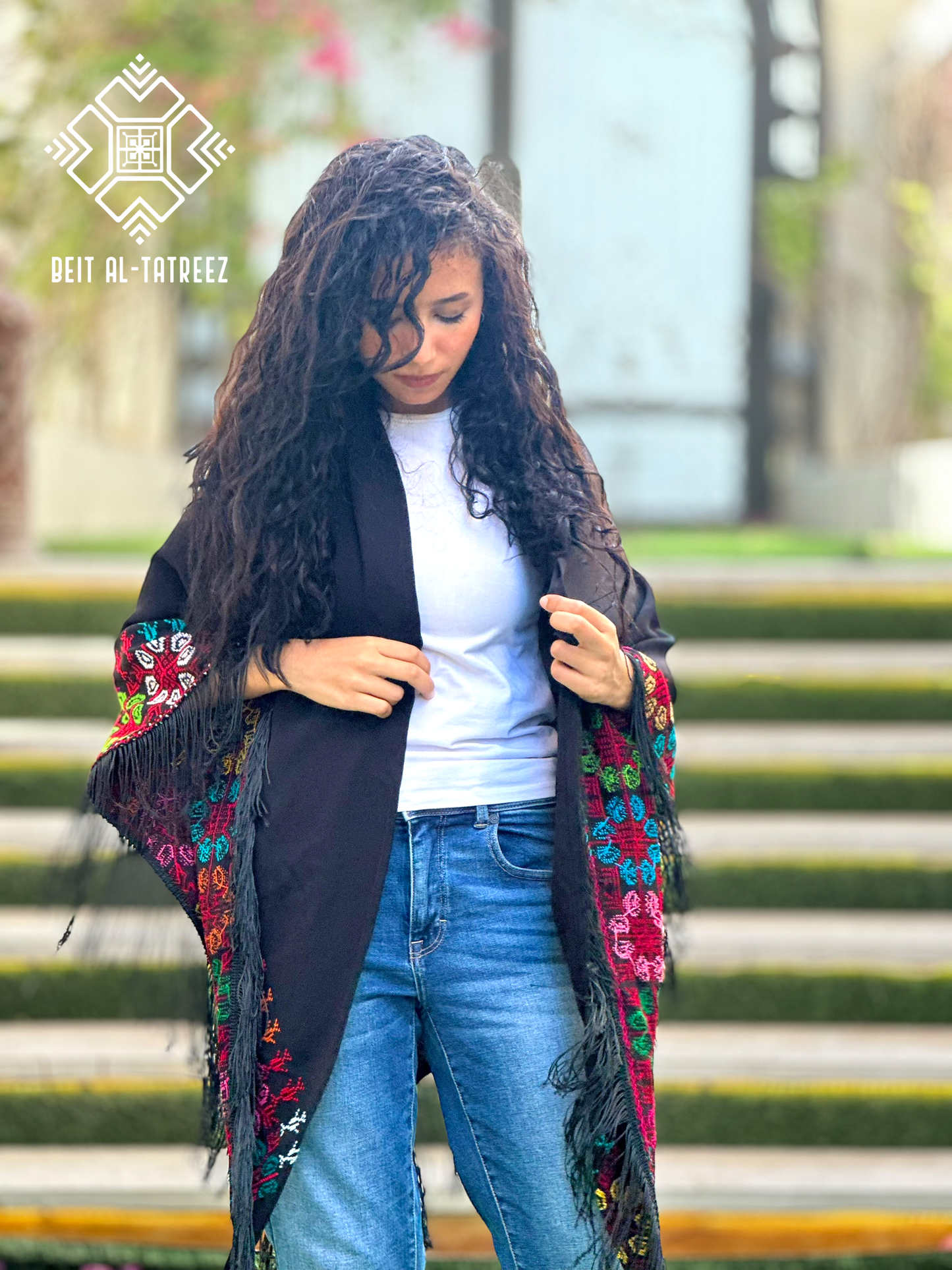 Ward Palestinian Tatreez Shawl – Black & Multicolor