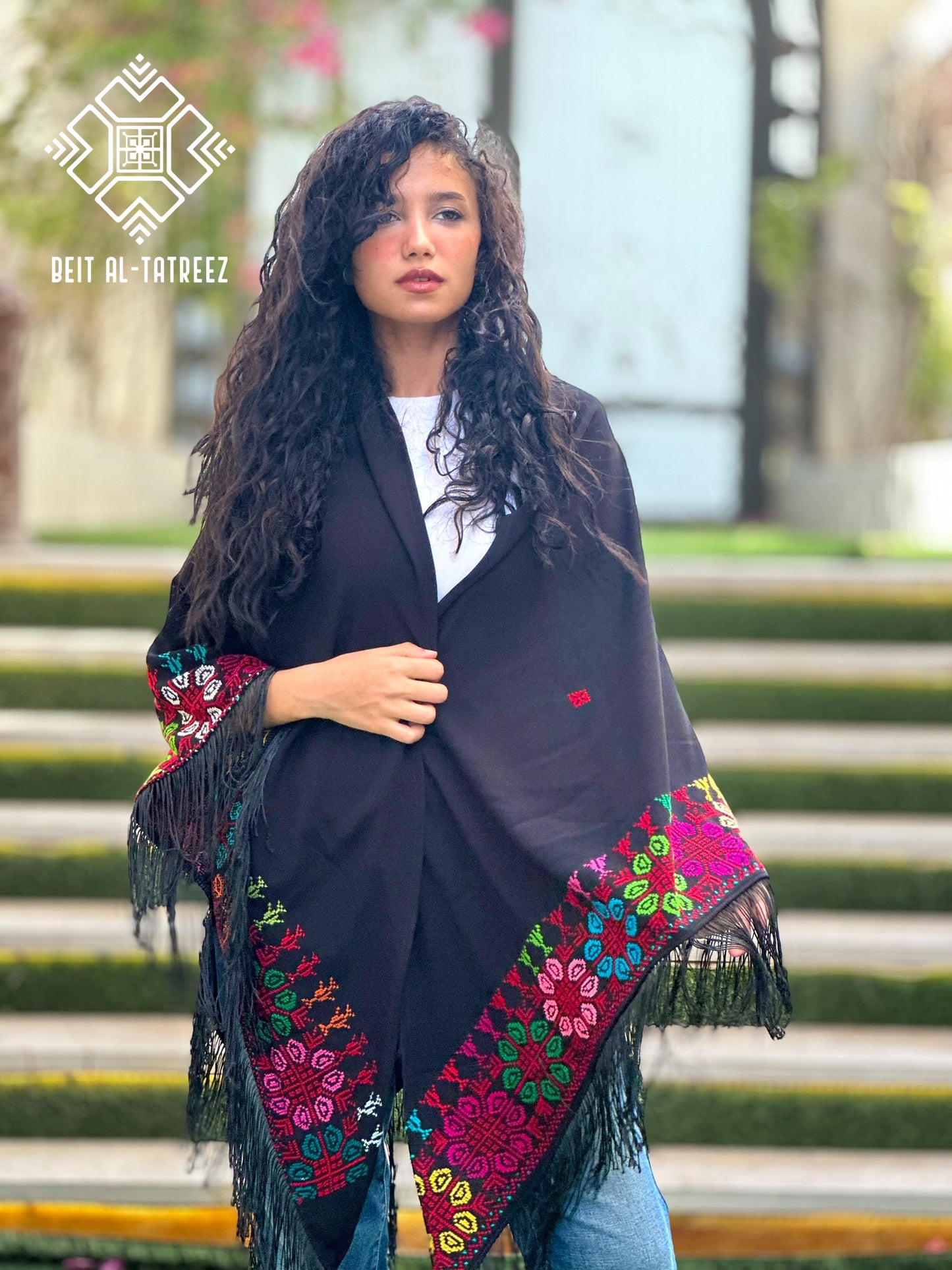 Ward Palestinian Tatreez Shawl – Black & Multicolor