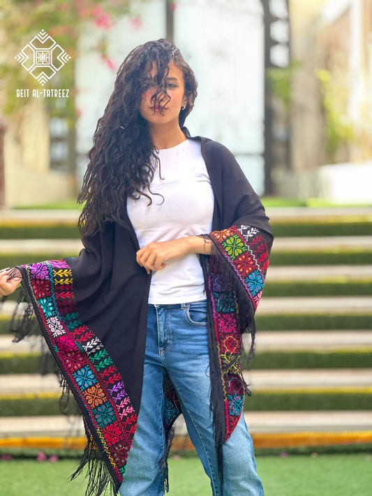 Najma Palestinian Tatreez Shawl – Black & Multicolor