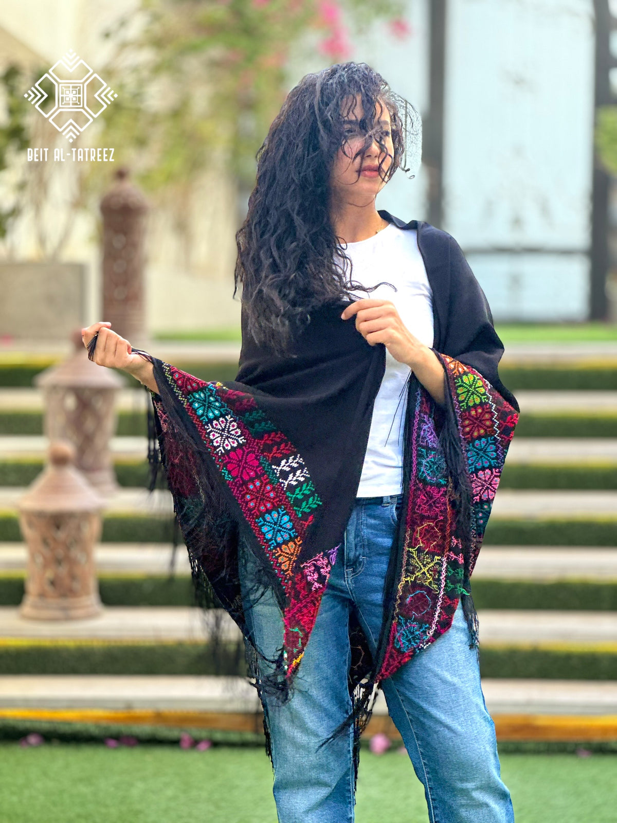 Najma Palestinian Tatreez Shawl – Black & Multicolor