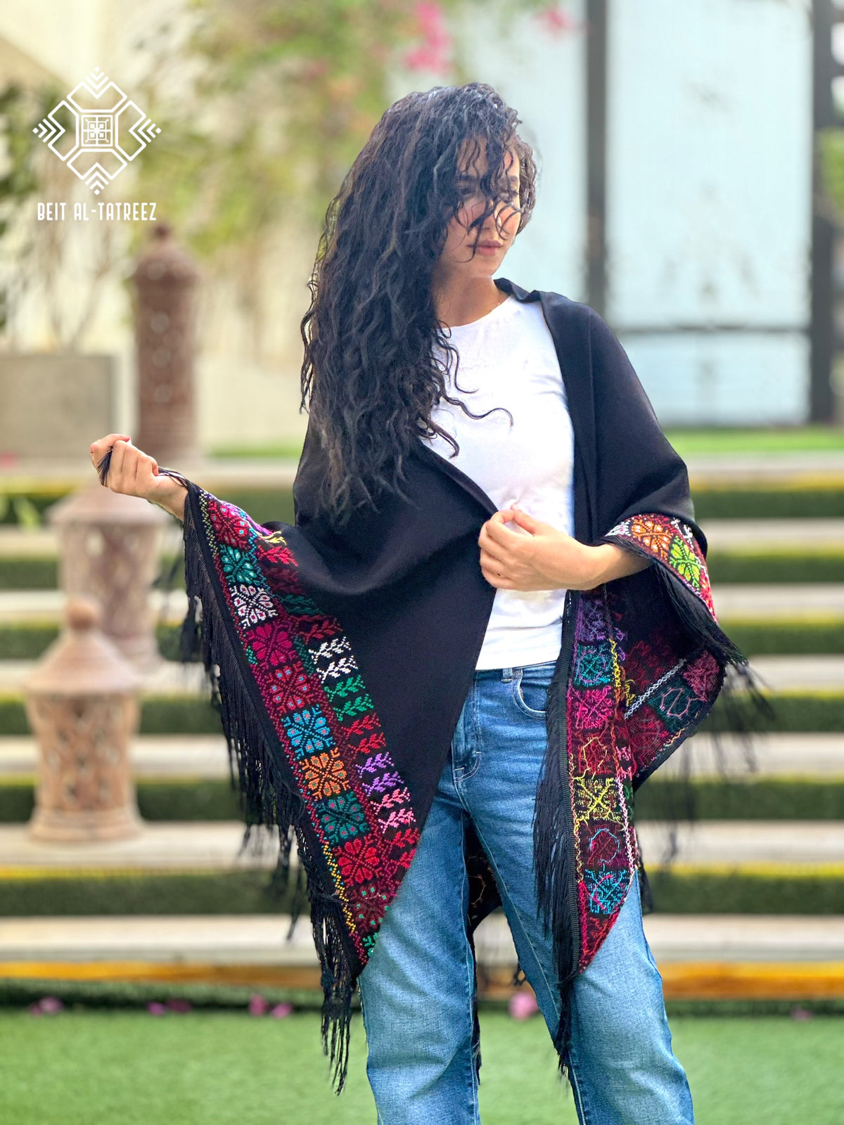 Najma Palestinian Tatreez Shawl – Black & Multicolor
