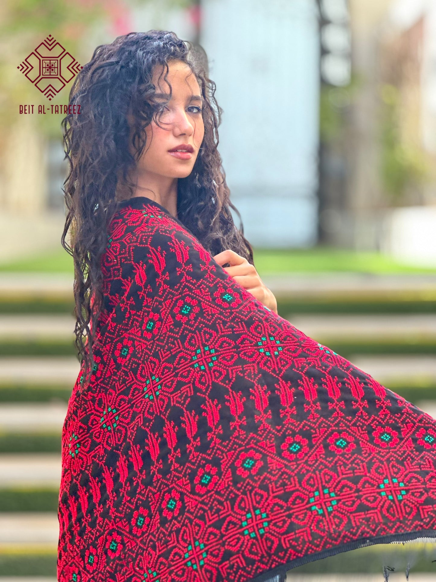 Jamra Palestinian Tatreez Shawl – Black, Crimson & Emerald