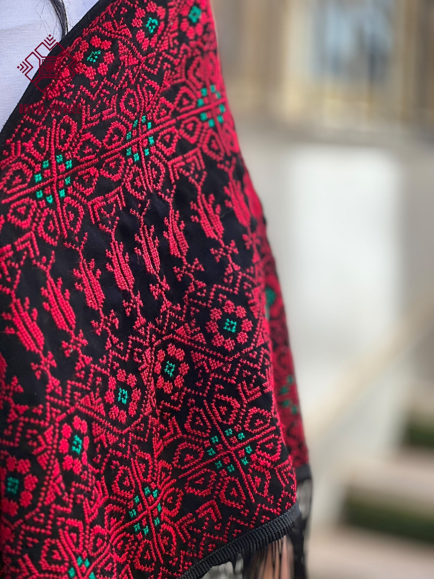 Jamra Palestinian Tatreez Shawl – Black, Crimson & Emerald