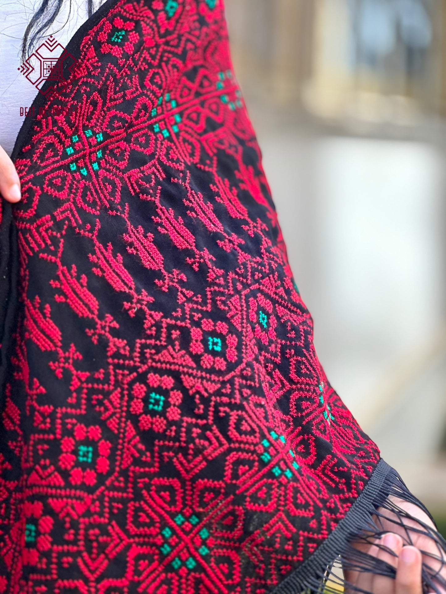 Jamra Palestinian Tatreez Shawl – Black, Crimson & Emerald