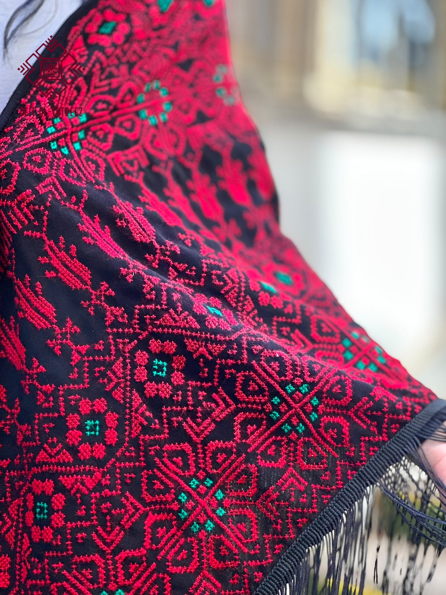 Jamra Palestinian Tatreez Shawl – Black, Crimson & Emerald