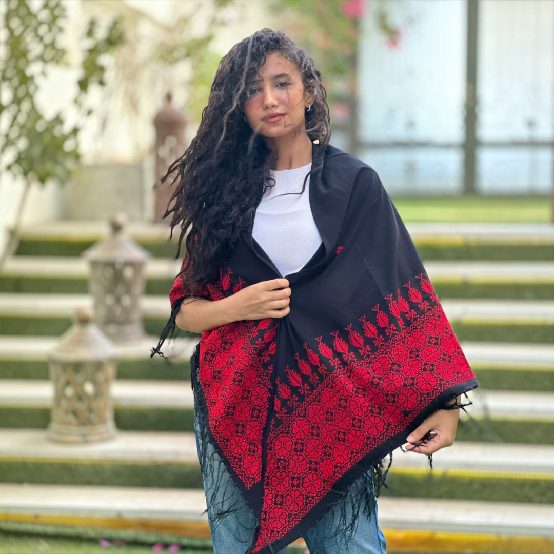 Jouri Palestinian Tatreez Shawl – Black & Crimson