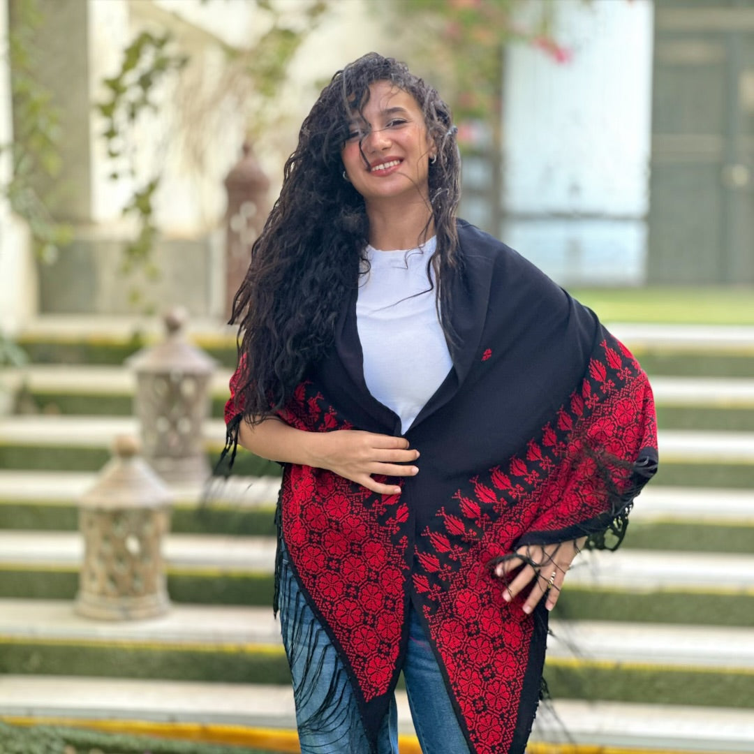 Jouri Palestinian Tatreez Shawl – Black & Crimson