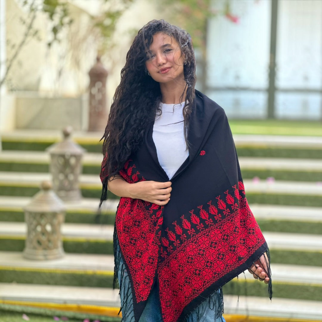 Jouri Palestinian Tatreez Shawl – Black & Crimson