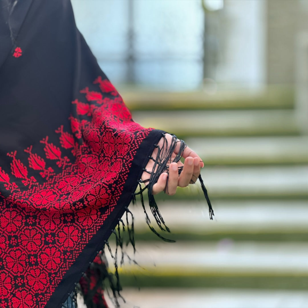 Jouri Palestinian Tatreez Shawl – Black & Crimson
