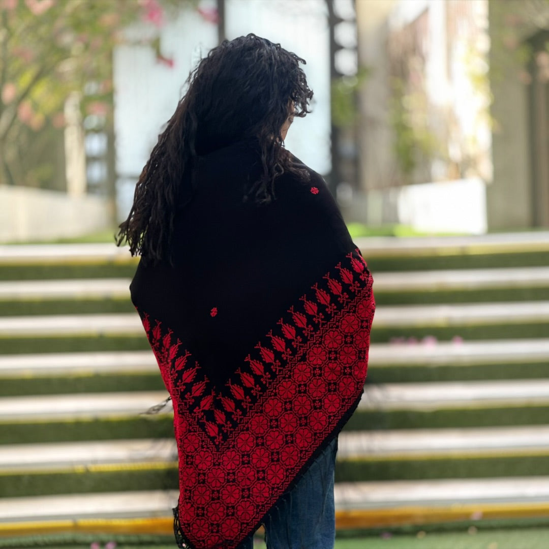 Jouri Palestinian Tatreez Shawl – Black & Crimson