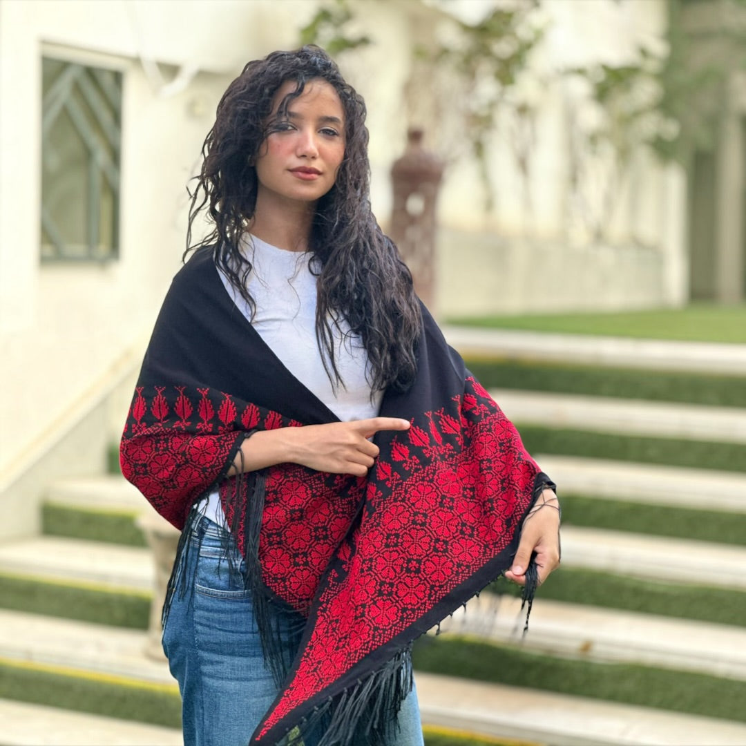 Jouri Palestinian Tatreez Shawl – Black & Crimson