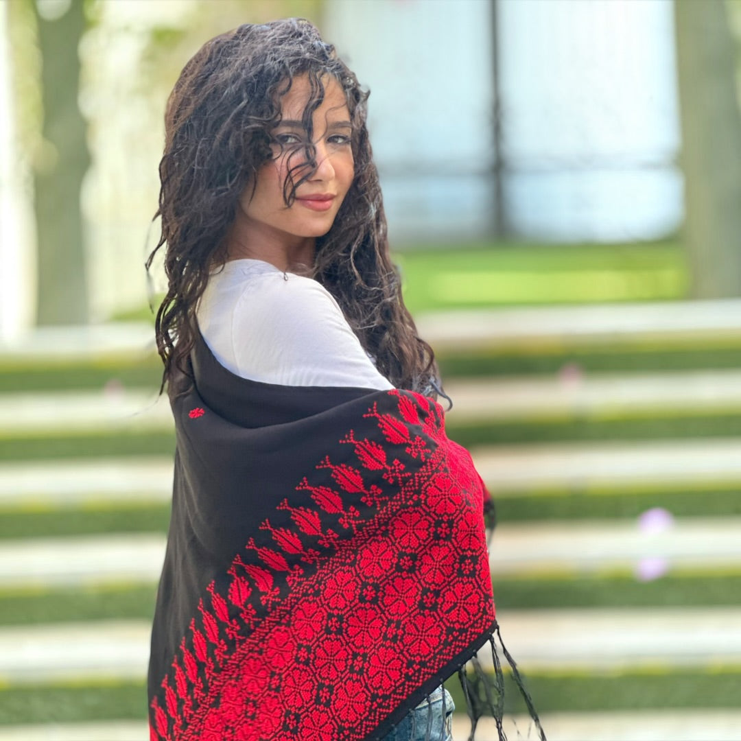 Jouri Palestinian Tatreez Shawl – Black & Crimson