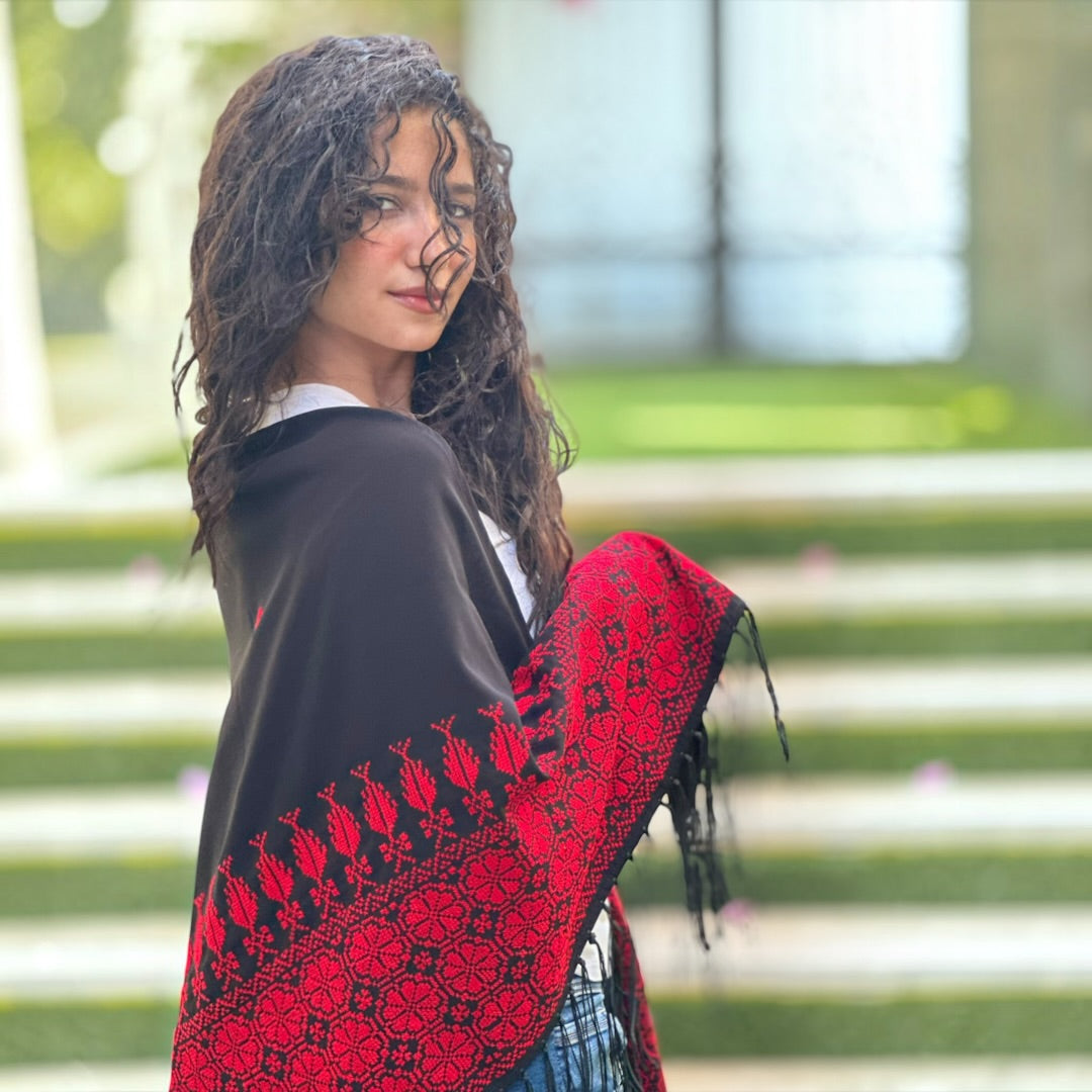 Jouri Palestinian Tatreez Shawl – Black & Crimson