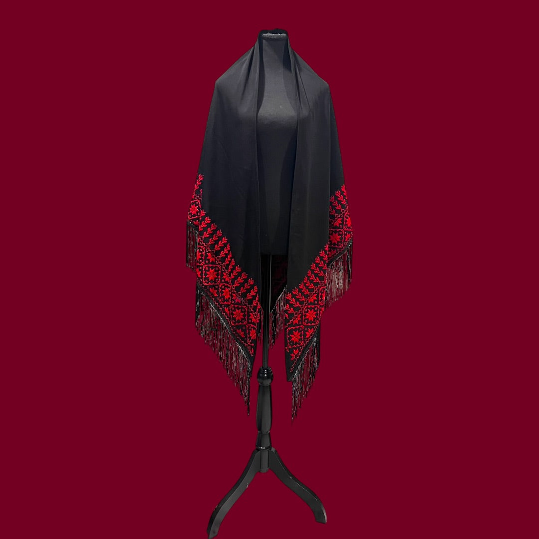 Layal Palestinian Hand-Stitched Shawl – Black & Ruby Red