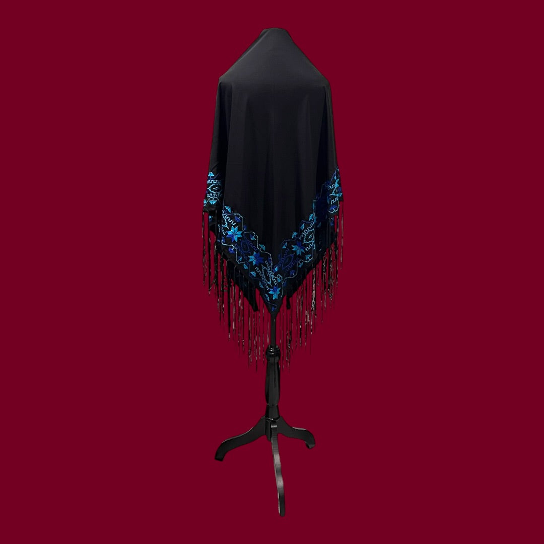 Nour Palestinian Hand-Stitched Shawl – Black & Sapphire Blue