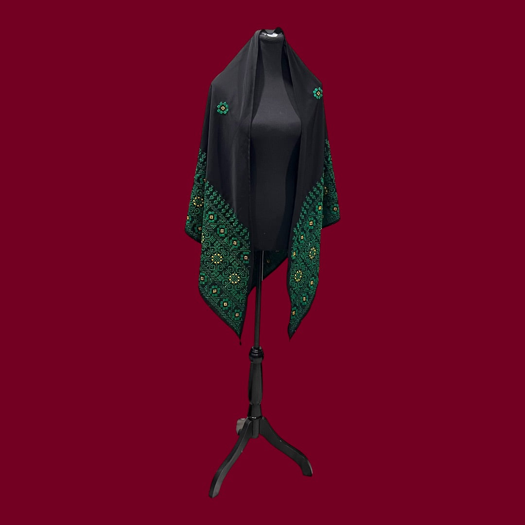 Zaytouna Palestinian Hand-Stitched Shawl – Black, Emerald Green & Gold