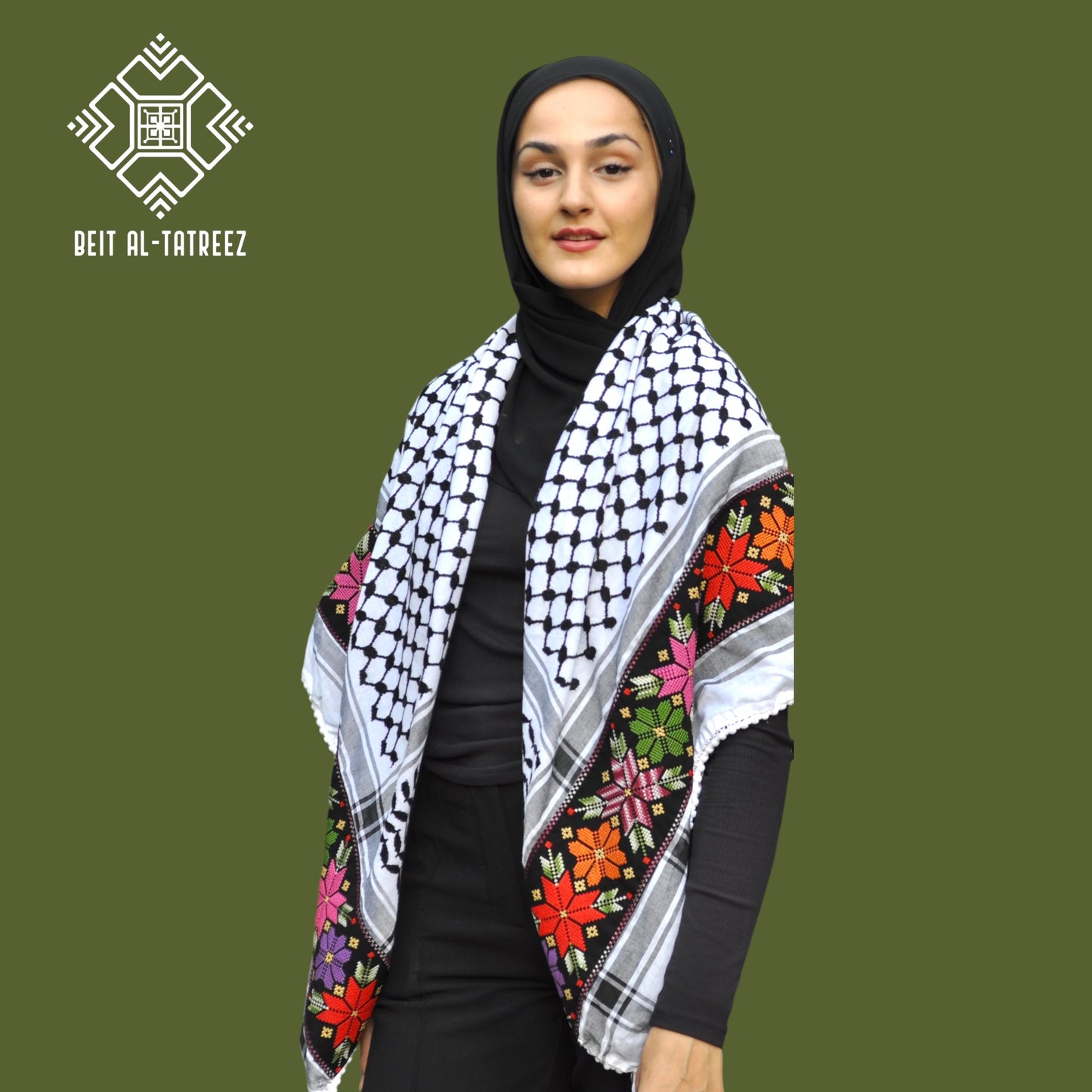 Tatreez Palestinian Keffiyeh – Embroidered Flowers