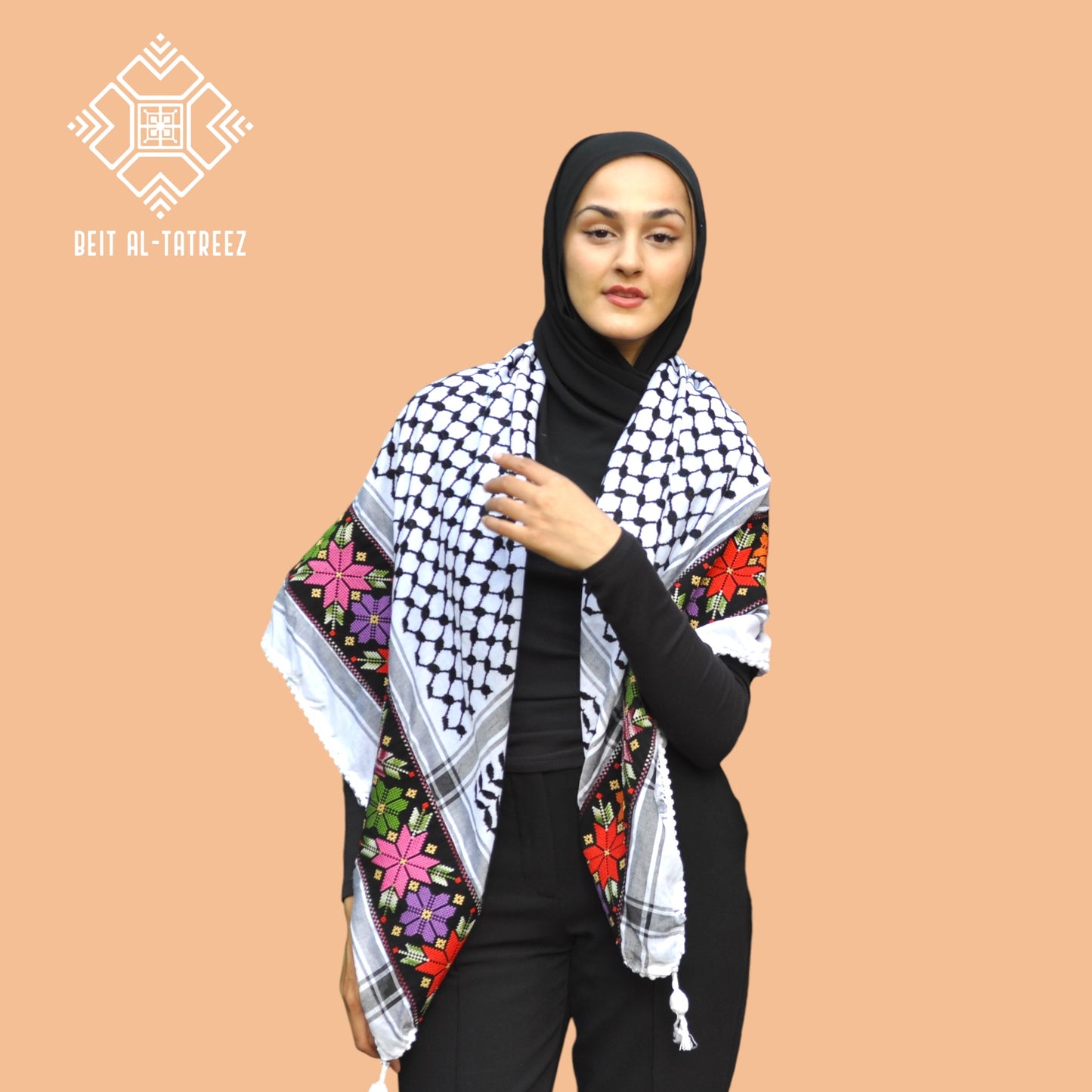 Tatreez Palestinian Keffiyeh – Embroidered Flowers