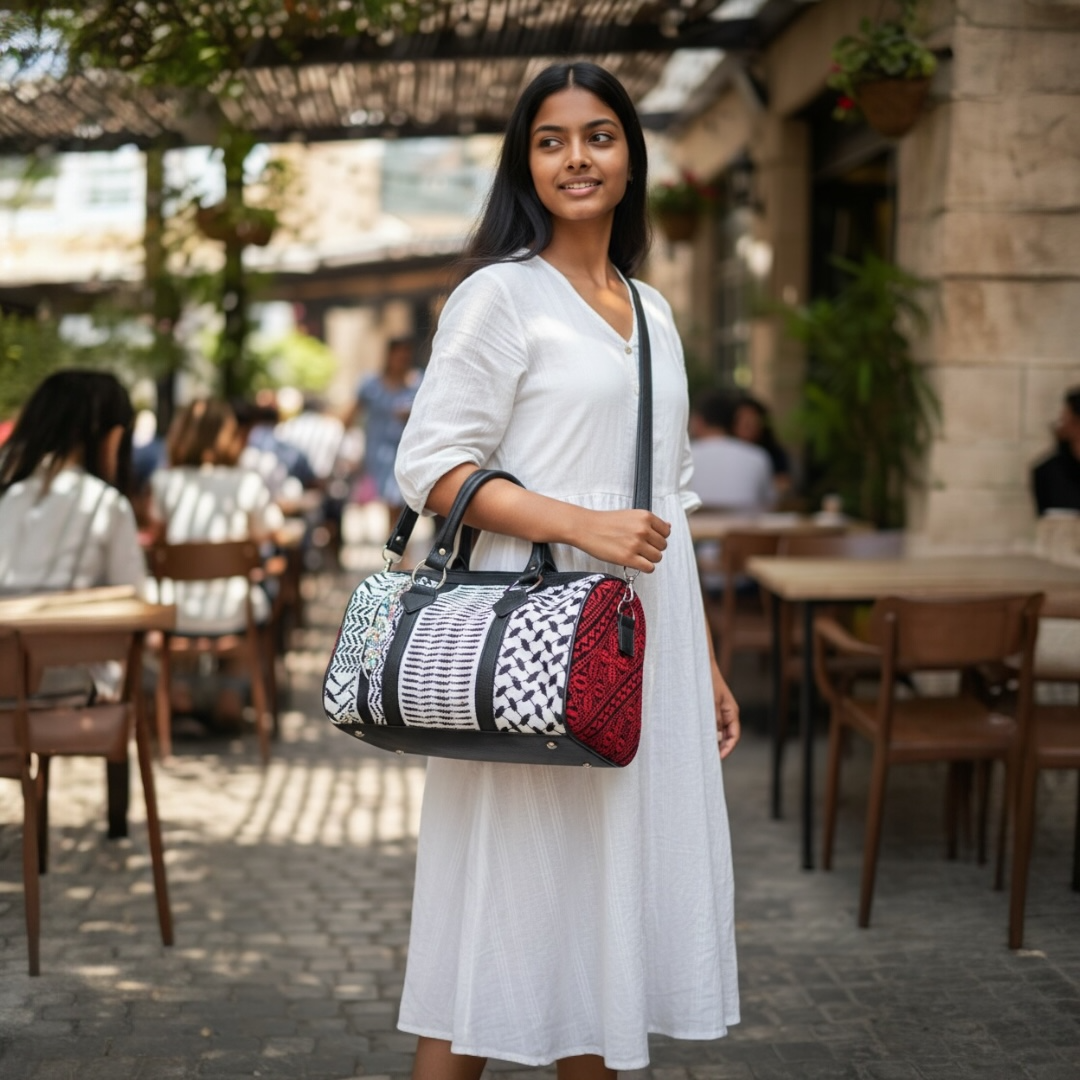 Handcrafted Palestinian Kufiya & Tatreez Duffle Bag